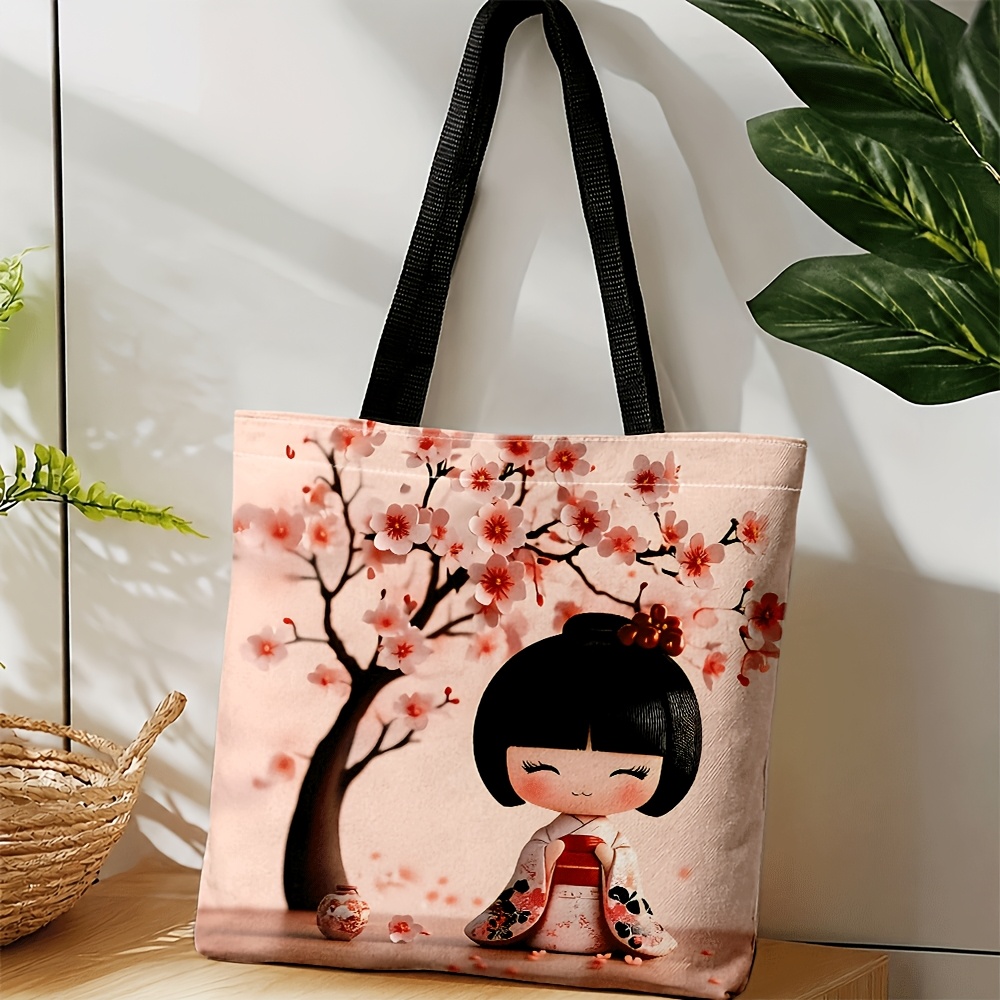 TEMU Torba crossbody i torebka dla kobiet i mężczyzn, japońska torba unisex z nadrukiem lalki kimono Sakura, idealna na codzienne dojazdy, zakupy i