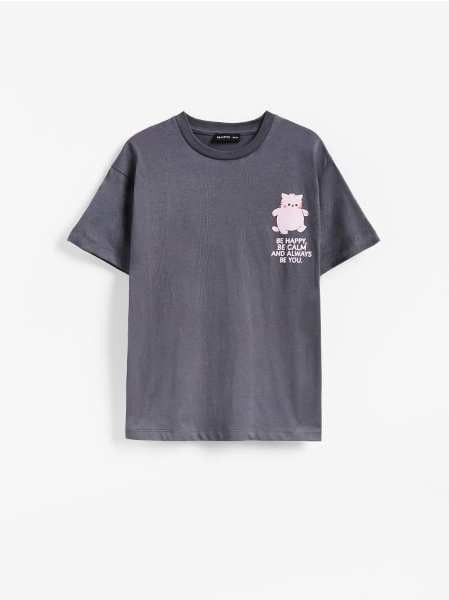 Reserved - T-shirt z nadrukiem Pembe the Pink Cat - ciemnoszary