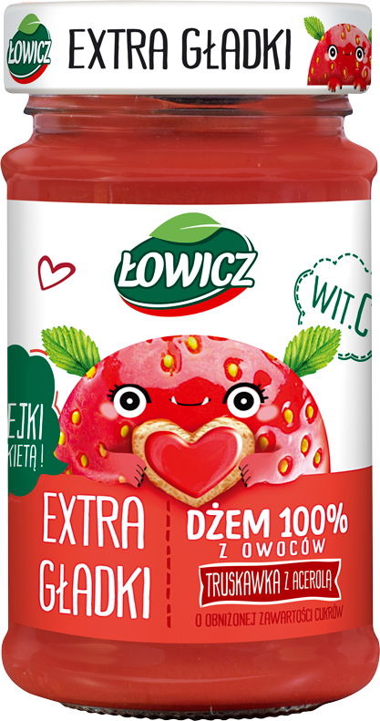 Łowicz Dżem 100 % z owoców extra gładki truskawka z acerolą o obniżonej zawartości cukrów 225 g