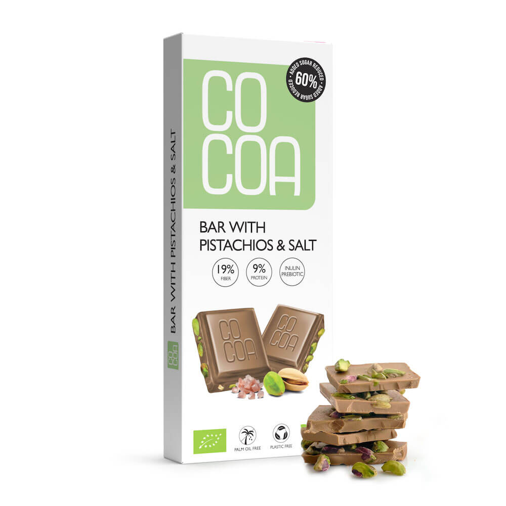 Cocoa Tabliczka biała z pistacjami i solą 60% mniej cukru 40 g Bio