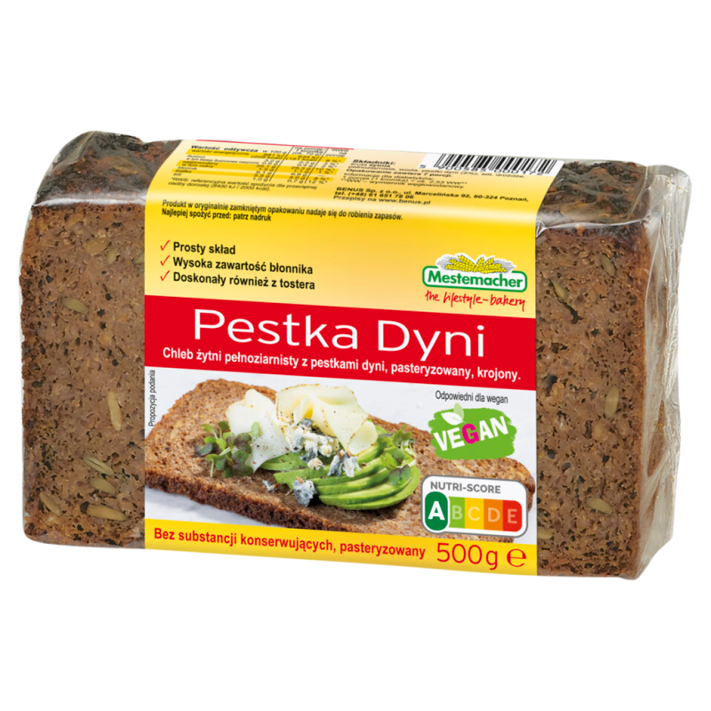 BENUS Chleb żytni pełnoziarnisty z pestką dyni 500 g Benus