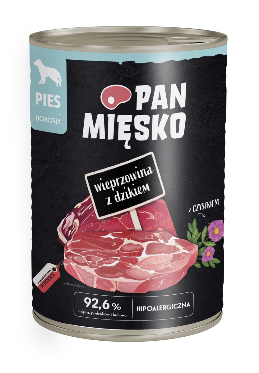 PAN MIĘSKO Mokry pokarm dla dorosłych psów z wieprzowiną i dzikiem puszka