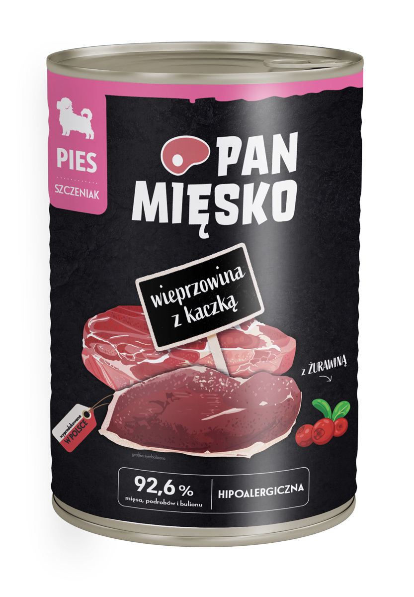 PAN MIĘSKO Mokry pokarm dla dorosłych psów z wieprzowiną i kaczką puszka
