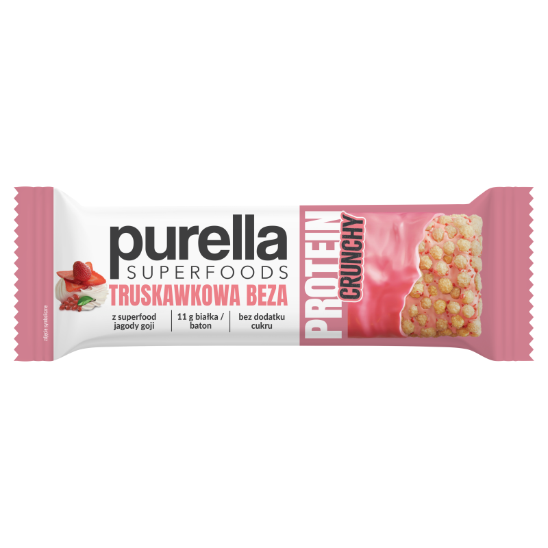Purella Superfoods Protein Crunchy, baton proteinowy, beza truskawkowa, 45 g