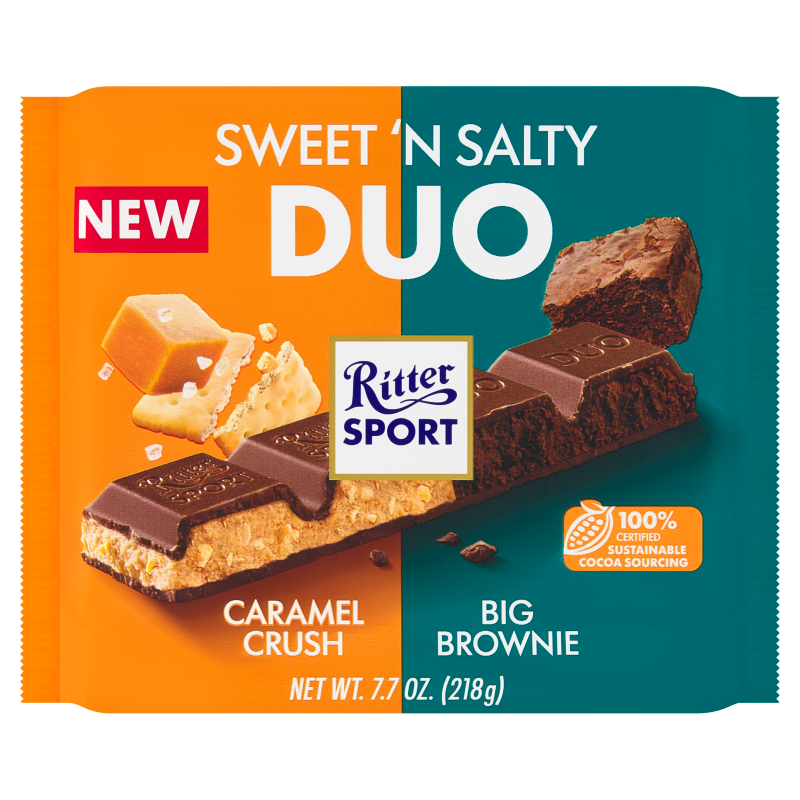Duża czekolada RITTER SPORT Duo Caramel Crush Brownie 218g