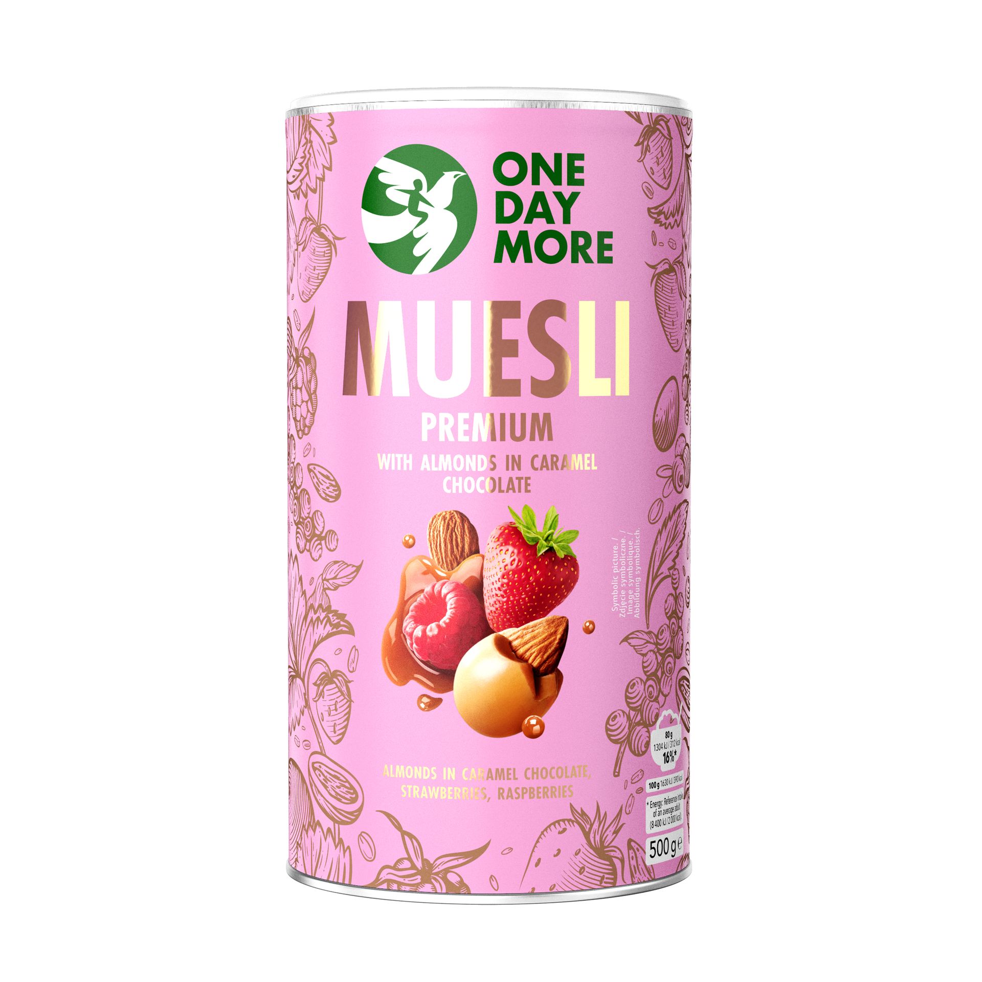 MUSLI PREMIUM Z MIGDAŁAMI W CZEKOLADZIE KARMELOWEJ 500 g - ONEDAYMORE