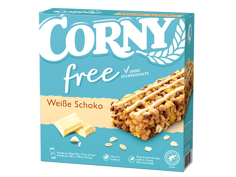 Corny, baton zbożowy bez cukru, biała czekolada, 6 sztuk