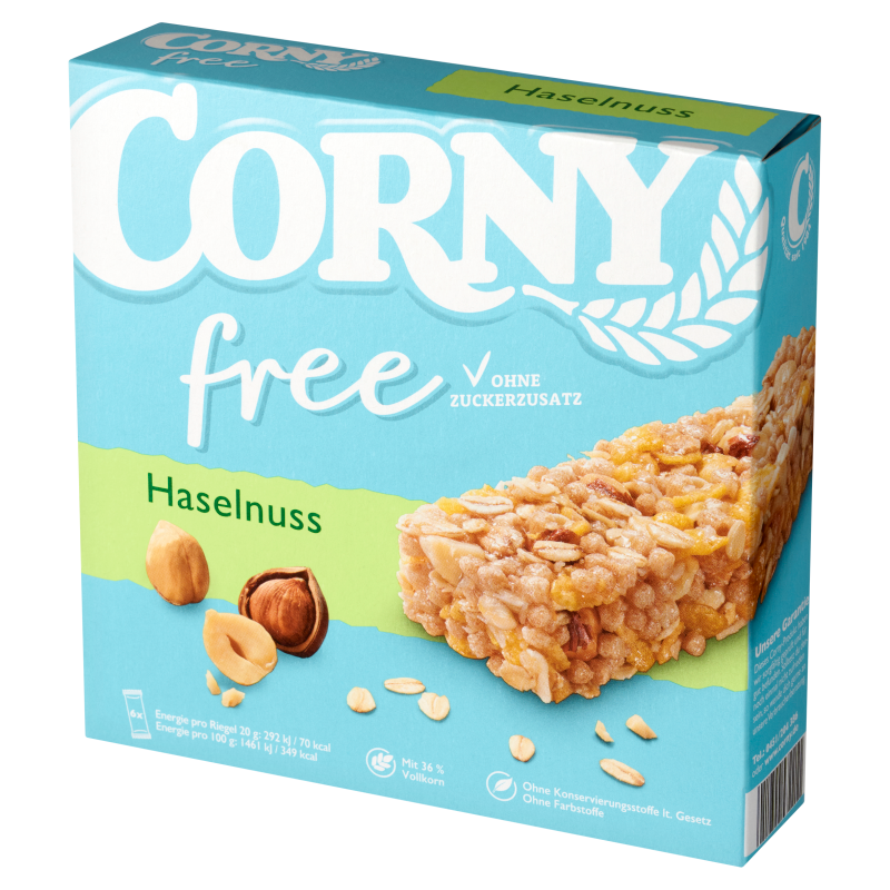 Corny, baton zbożowy bez cukru, orzechy laskowe, 6 sztuk