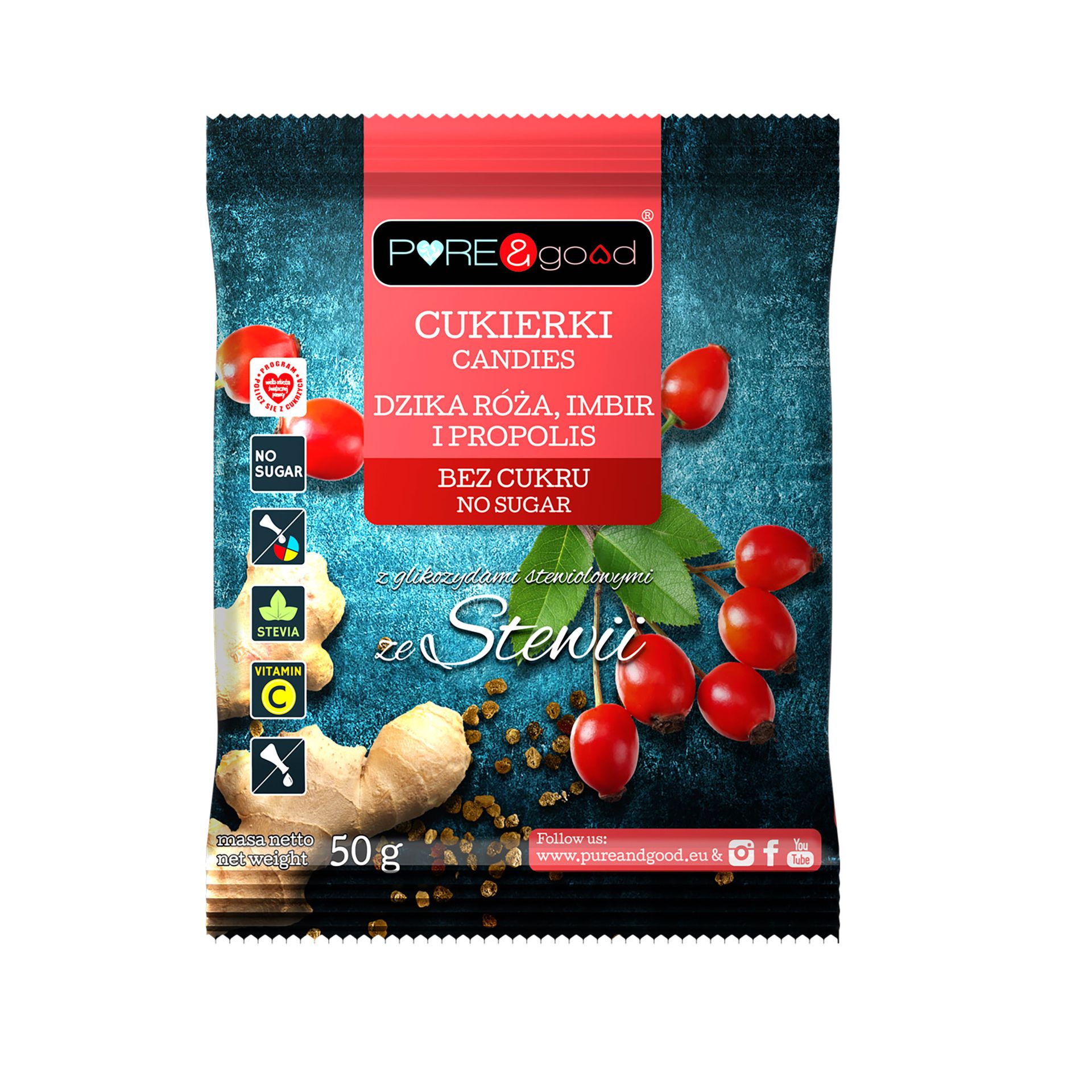 Pure&Good Cukierki z dziką różą, imbirem i propolisem ze stewią bez cukru 50 g