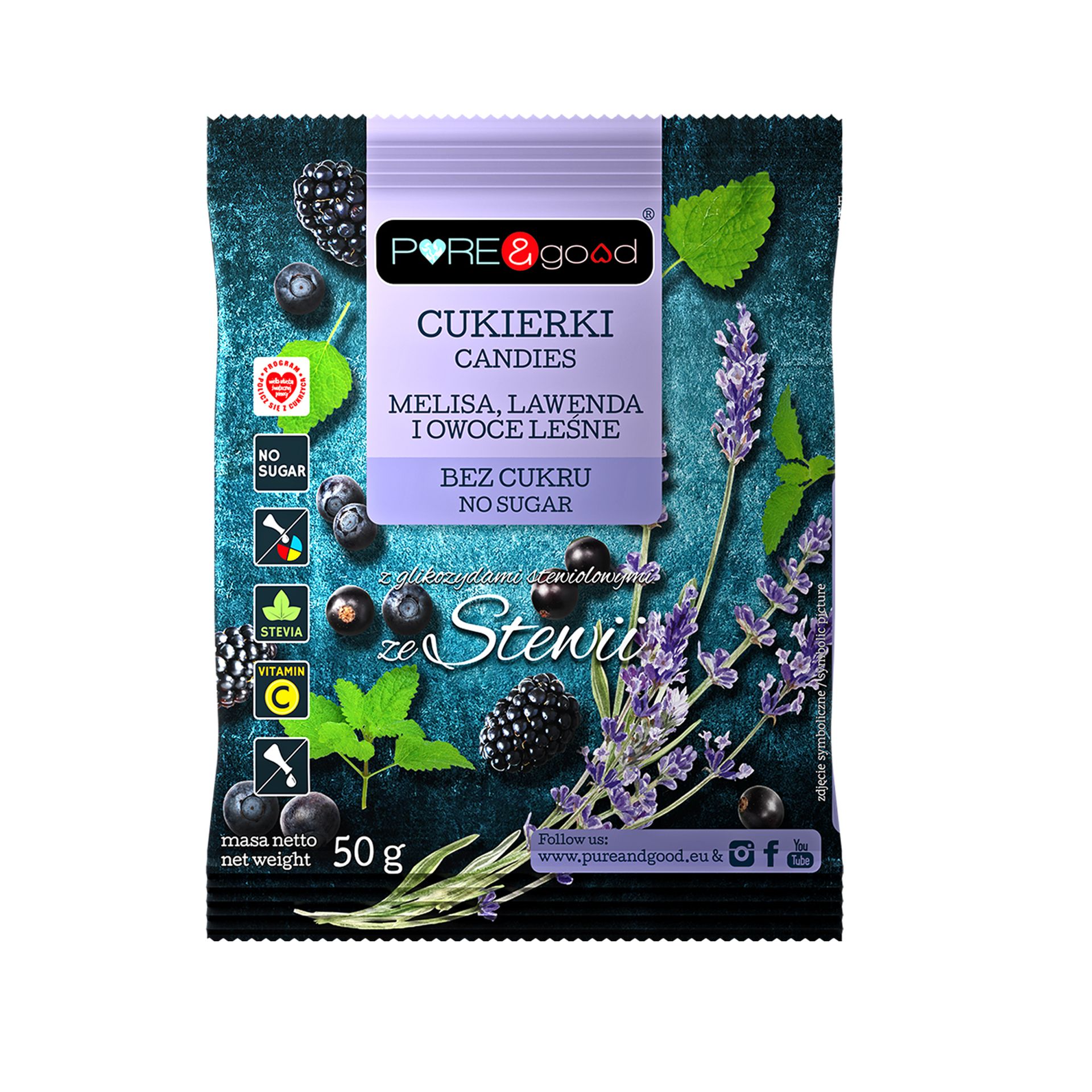 Pure&Good Cukierki z melisą, lawendą i owocami leśnymi ze stewią bez cukru 50 g