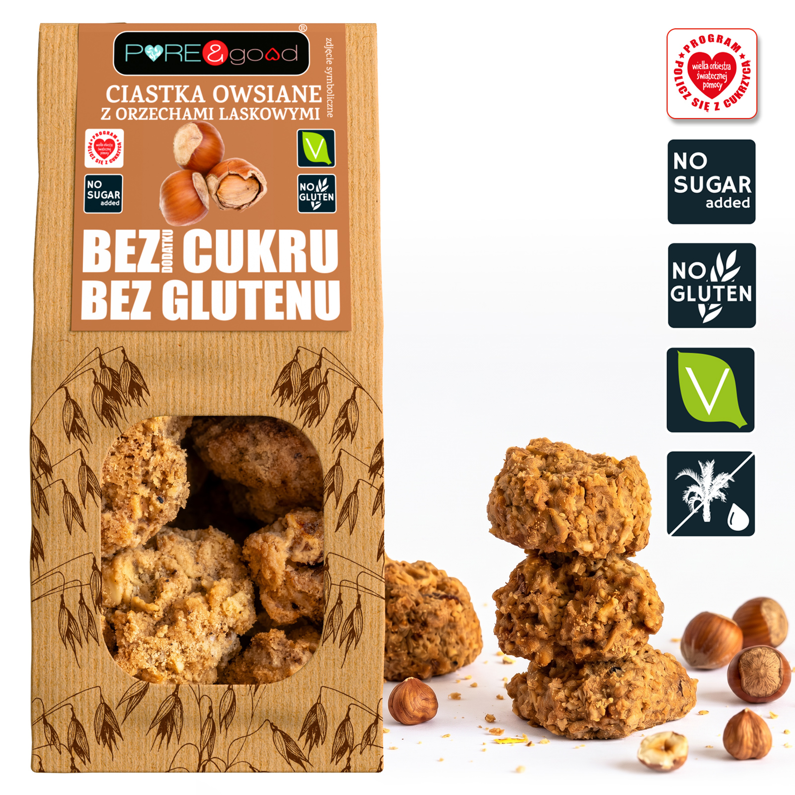 Pure&Good Ciastka owsiane z orzechami laskowymi bez dodatku cukru bezglutenowe 150 g
