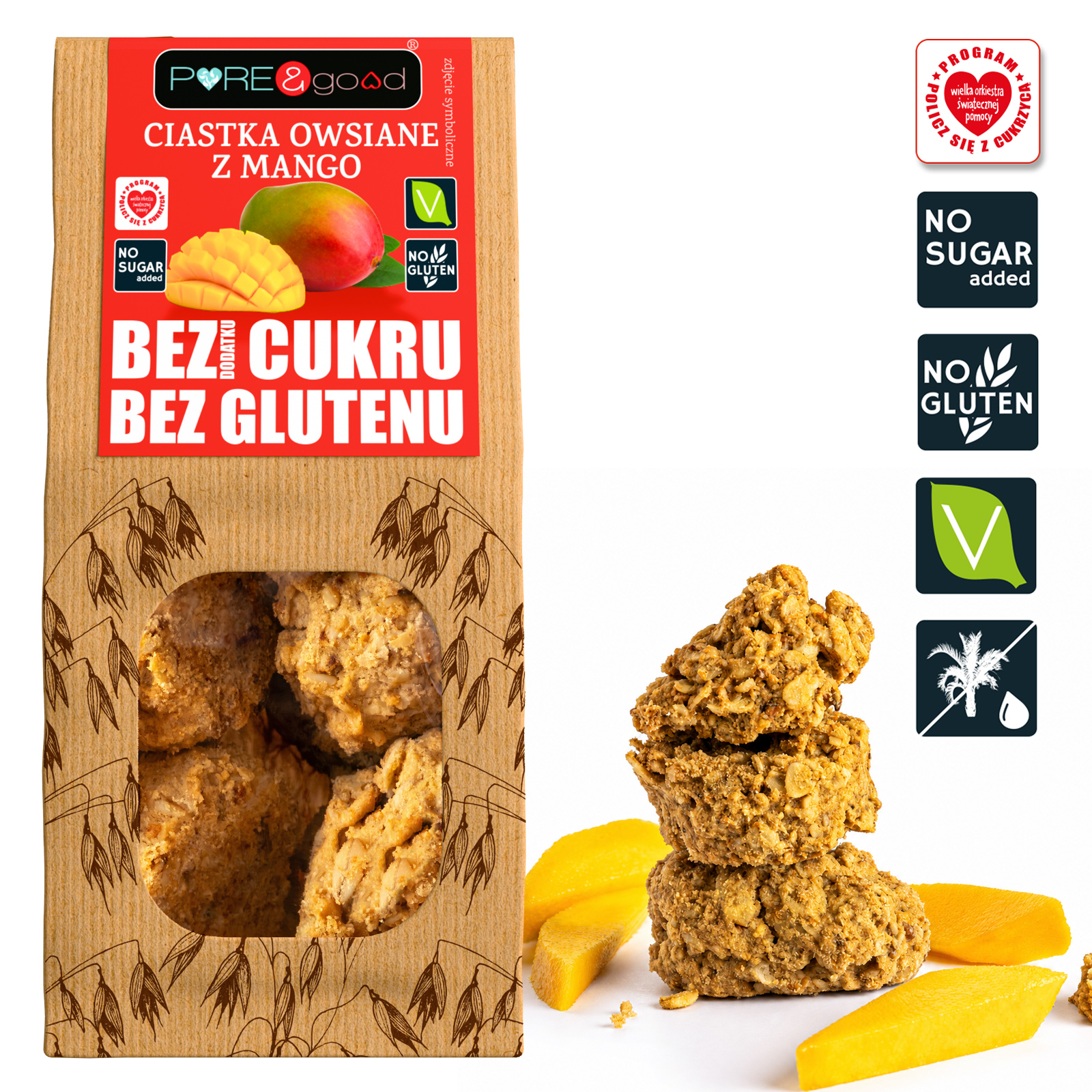 Pure&Good Ciastka owsiane z mango bez dodatku cukru bezglutenowe 150 g