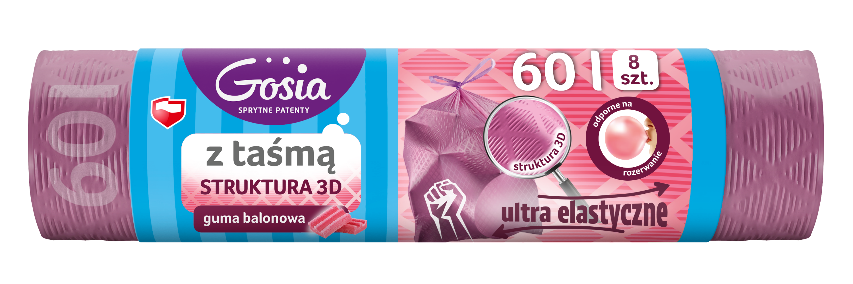 GOSIA Worki na śmieci z taśmą 3D moletowane 60L 8 szt. różowe zapachowe