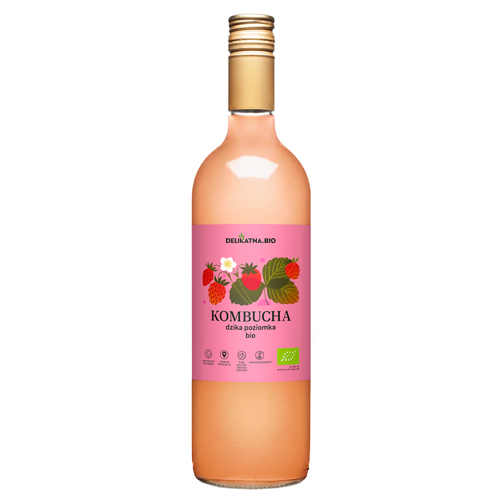 KOMBUCHA POZIOMKOWA BIO 750 ml - DELIKATNA (ZAKWASOWNIA)
