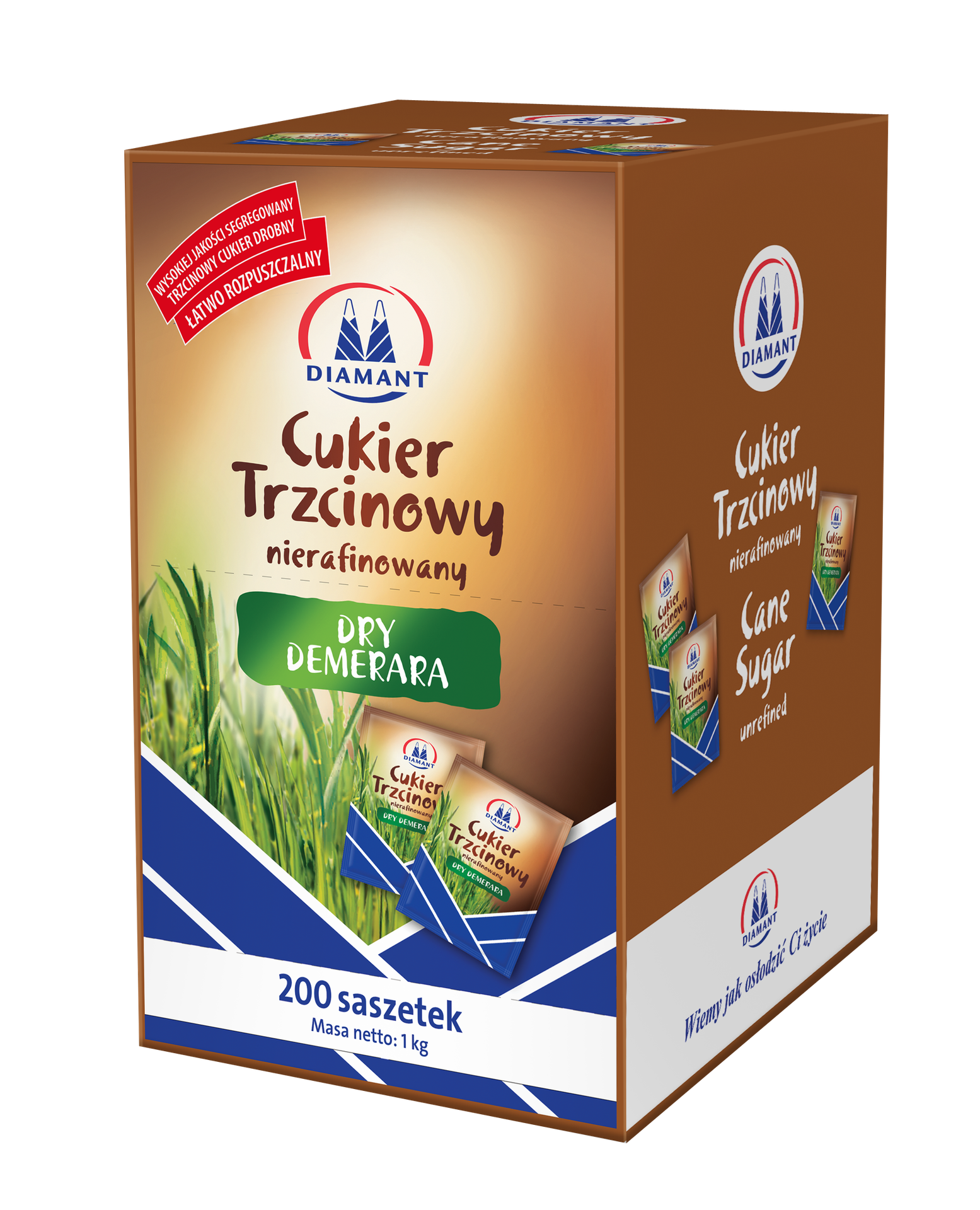 Diamant Cukier trzcinowy nierafinowany w saszetkach Dry Demerara 1 kg (200 sztuk