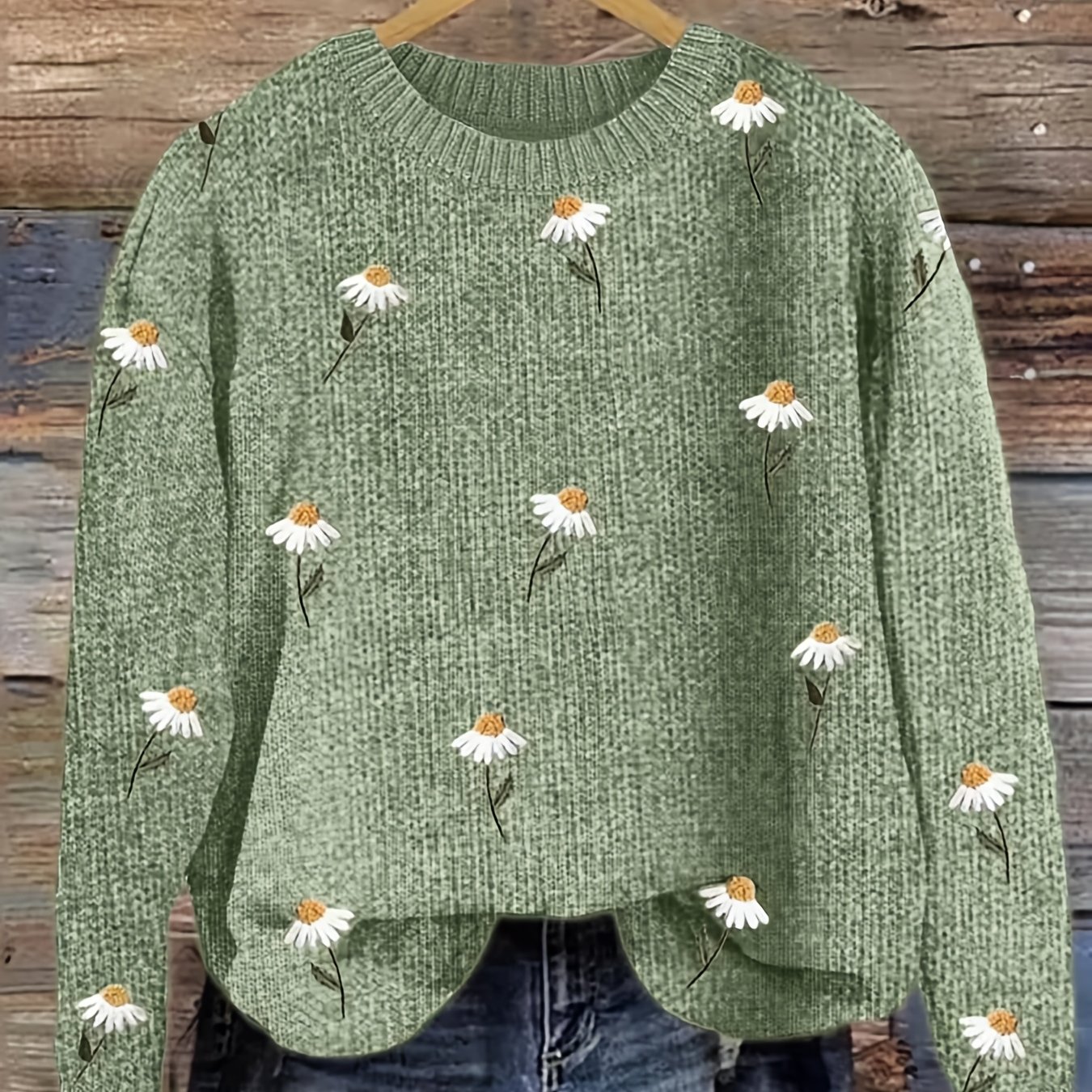 TEMU Damski sweter z płaskim wzorem 2D na jesień/zimę, nowy, stylowy, uniwersalny, z okrągłym dekoltem i długim rękawem, z kwiatowym wzorem, płaski