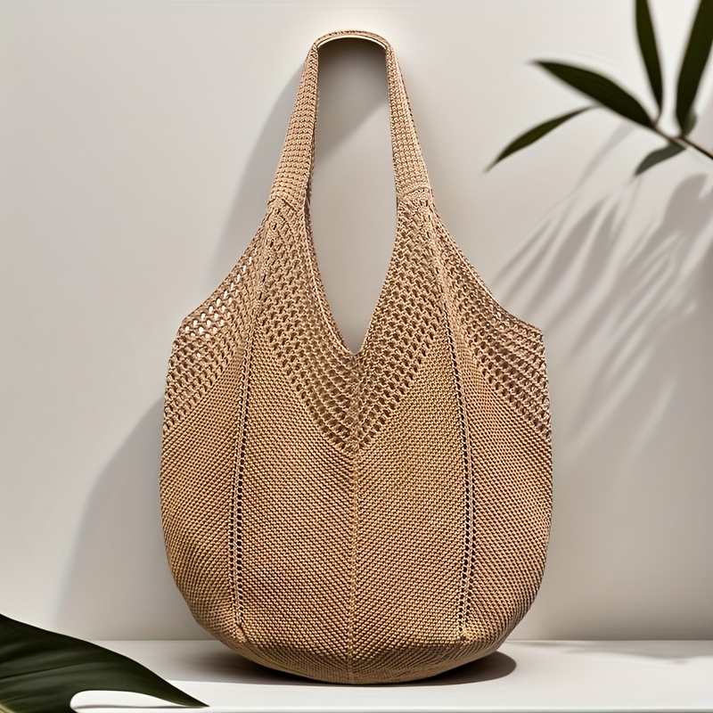 TEMU Boho Torba Tote z Dzianiny Szydełkowej - Duża Torba na Ramię z Paskiem, Ażurowa Torba Plażowa w Kolorze Khaki, Odpowiednia na Wakacje, Codzienne