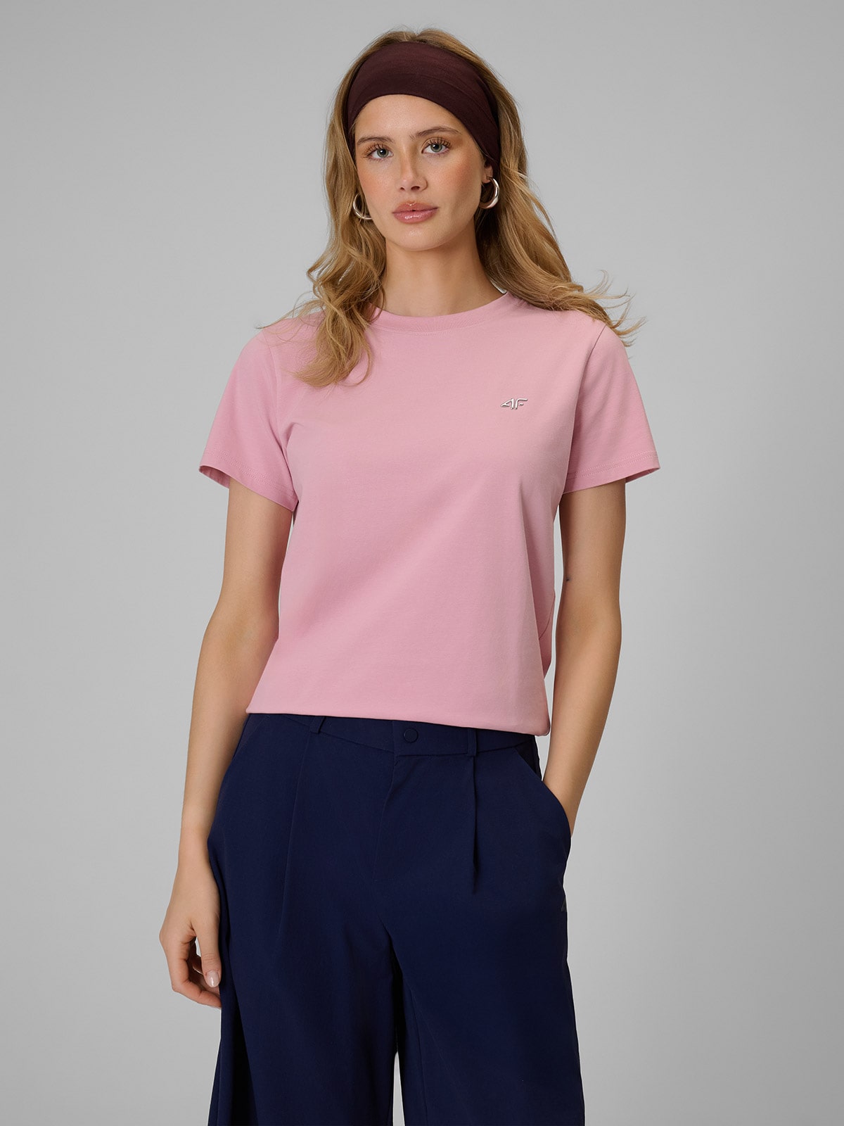 4F T-shirt regular gładki damski - różowy XL