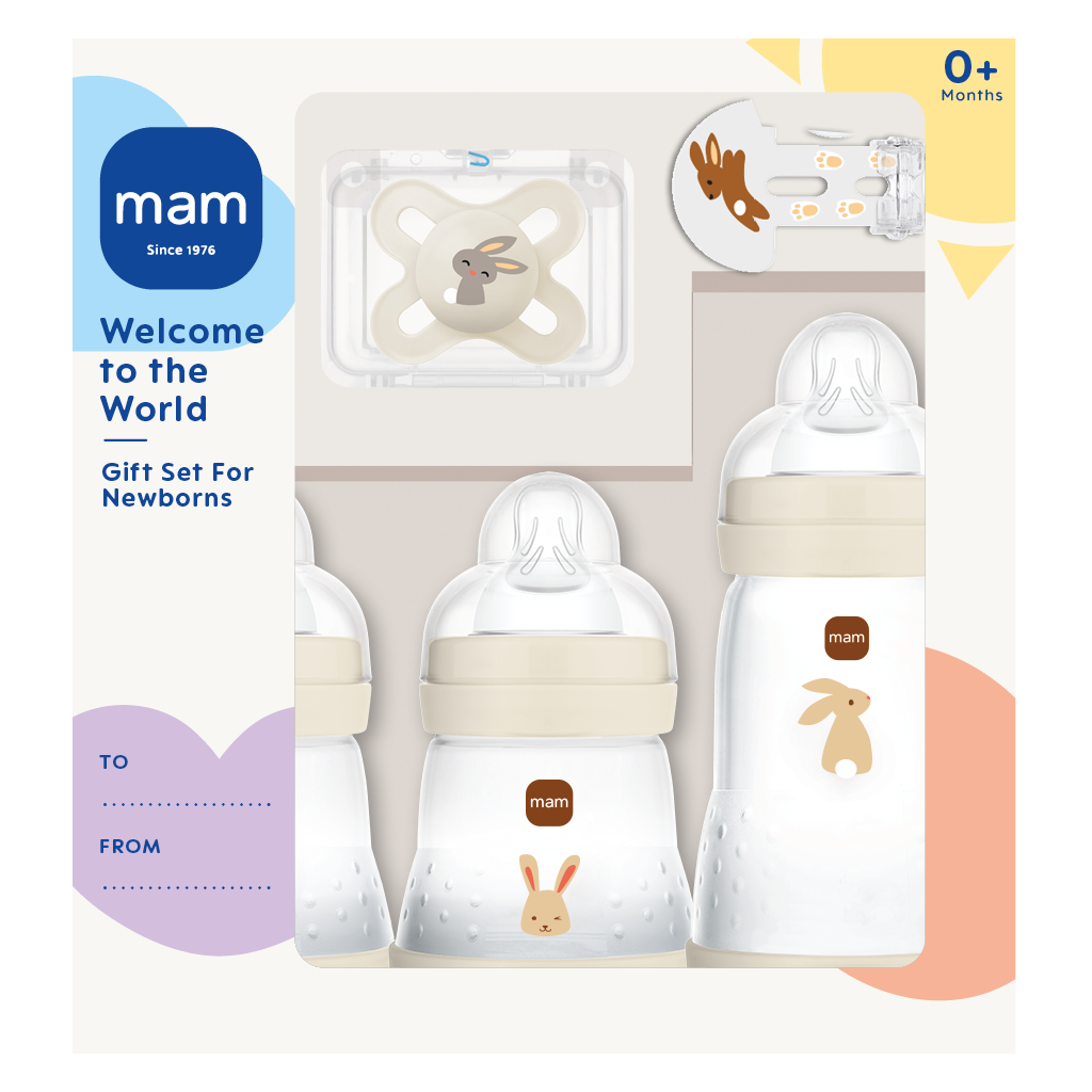 Zestaw MAM Baby, Welcome to the World, zestaw upominkowy dla noworodka, 3 butelki Anti-Colic, smoczek i klips, Grounding in Nature, 0+, beżowy