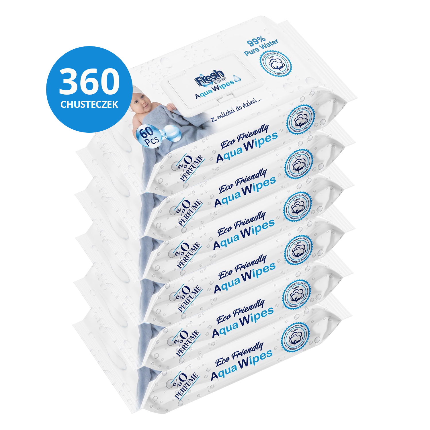 Zestaw Aqua Wipes Fresh Baby, chusteczki nawilżane wodą, bawełniane, 6 x 60 sztuk