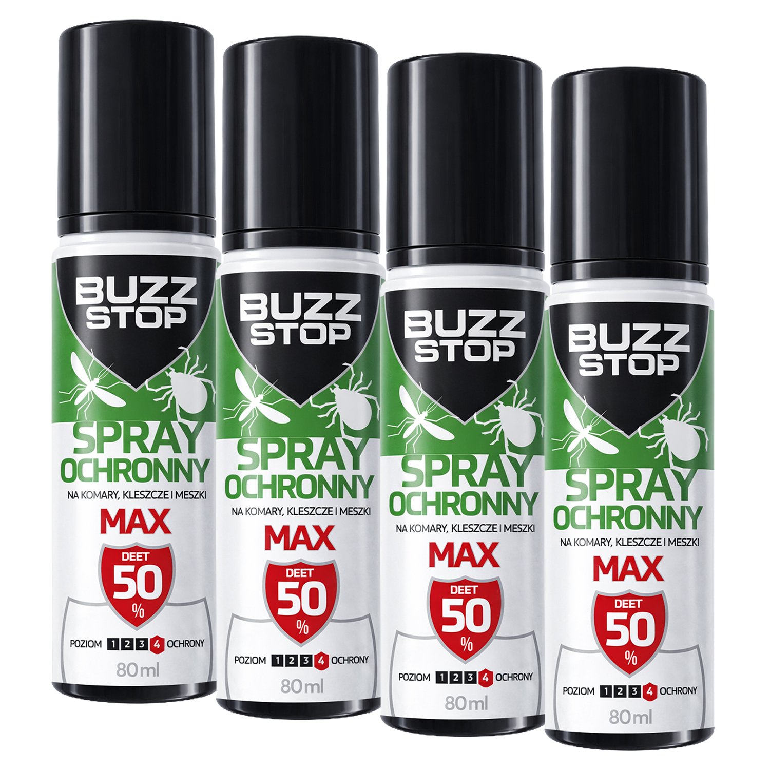 Zestaw BuzzStop Max, spray ochronny na komary, kleszcze i meszki, DEET 50%, 4 x 80 ml
