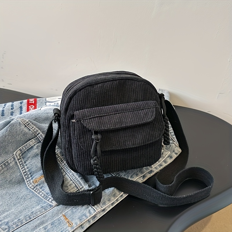 TEMU Retro Harajuku Saszetka Crossbody z Sztruksu, Codzienna Japońska Torebka na Ramię z Zamknięciem na Zamek Błyskawiczny, Wzór w Paski, Unisex -