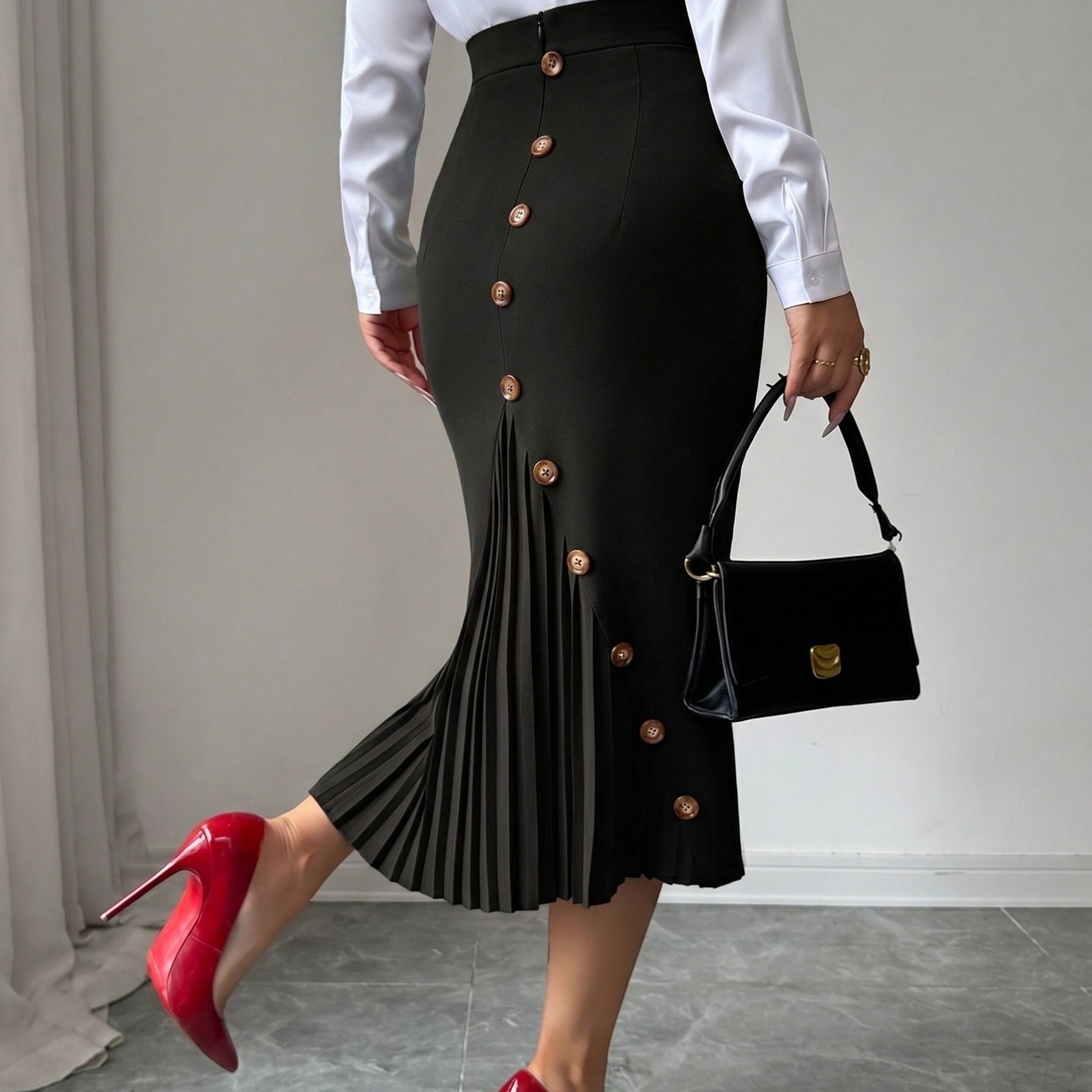 TEMU Elegancka Plisowana Spódnica z Detalami na Guziki - Spódnica w Stylu Swing Odpowiednia na Stroje Ślubne Jednokolorowa Spódnica z Zapięciem na