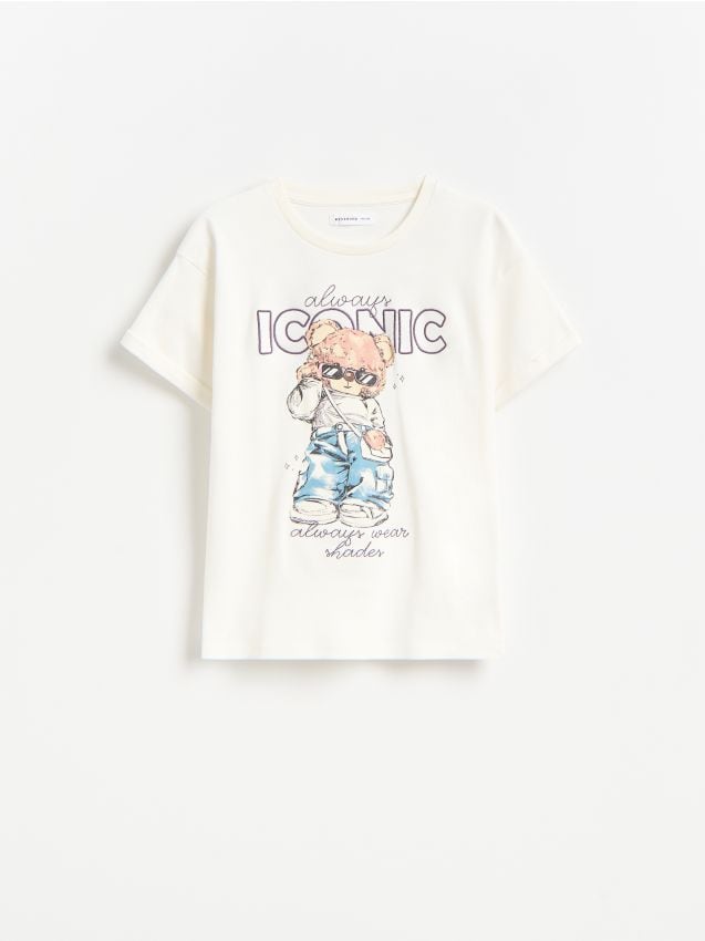 Reserved - Bawełniany t-shirt z nadrukiem - złamana biel