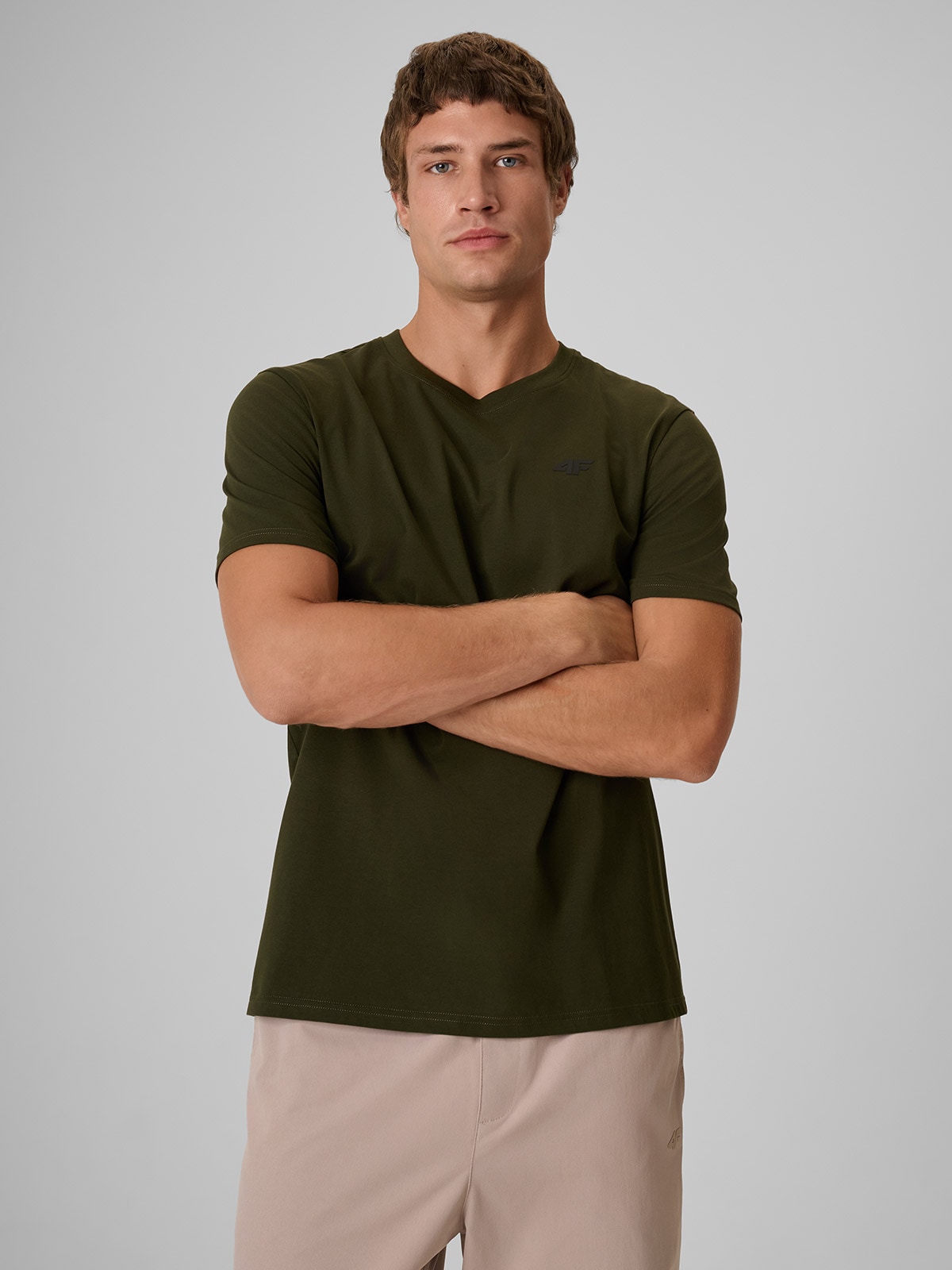 4F T-shirt regular gładki męski - khaki XXL