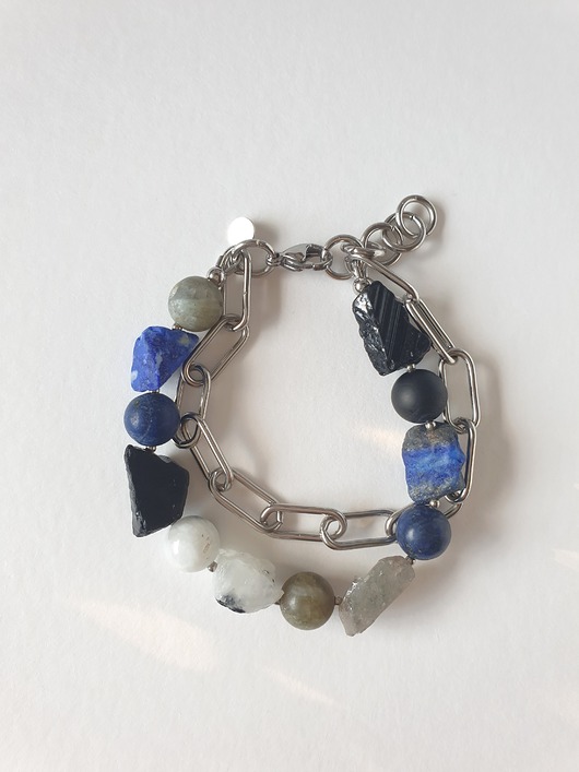 Bransoletka RAW z grubym łańcuchem, lapis lazuli, czarny turmalin