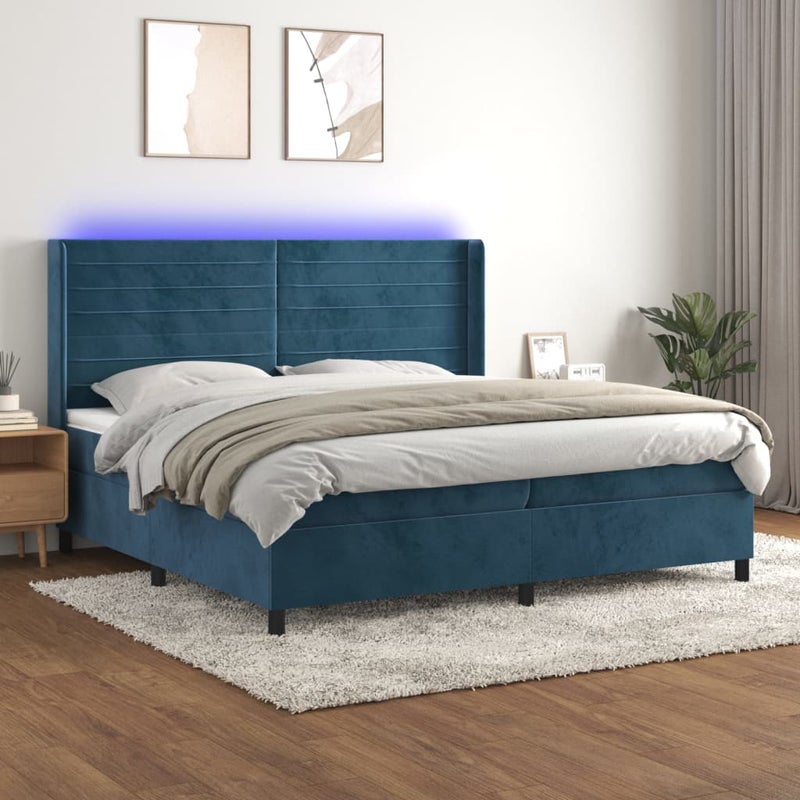 Łóżko kontynentalne, materac i LED, niebieski aksamit 200x200cm vidaXL