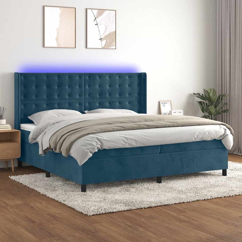 Łóżko kontynentalne, materac i LED, niebieski aksamit 200x200cm vidaXL