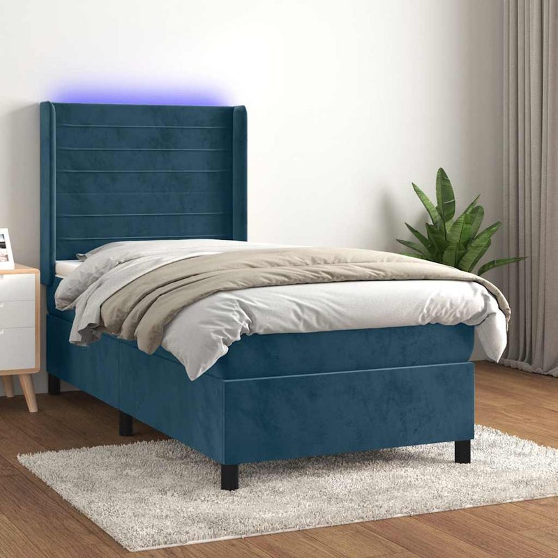 Łóżko kontynentalne, materac i LED, niebieski aksamit 90x190 cm vidaXL