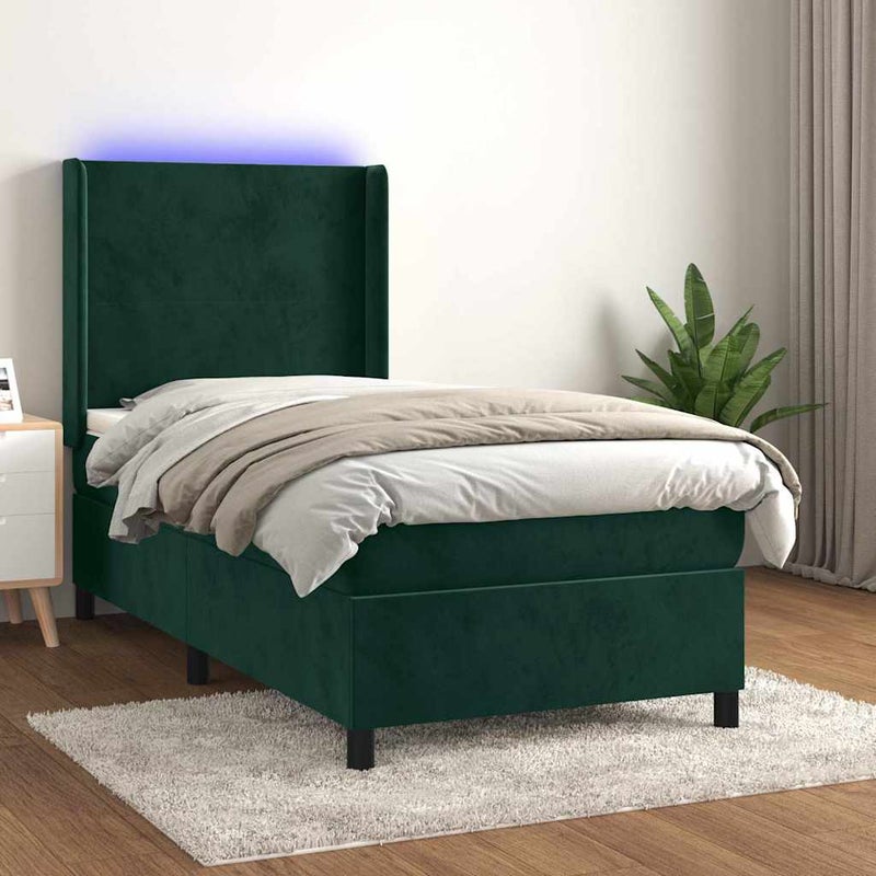 Łóżko kontynentalne z materacem i LED zielony aksamit 100x200cm vidaXL