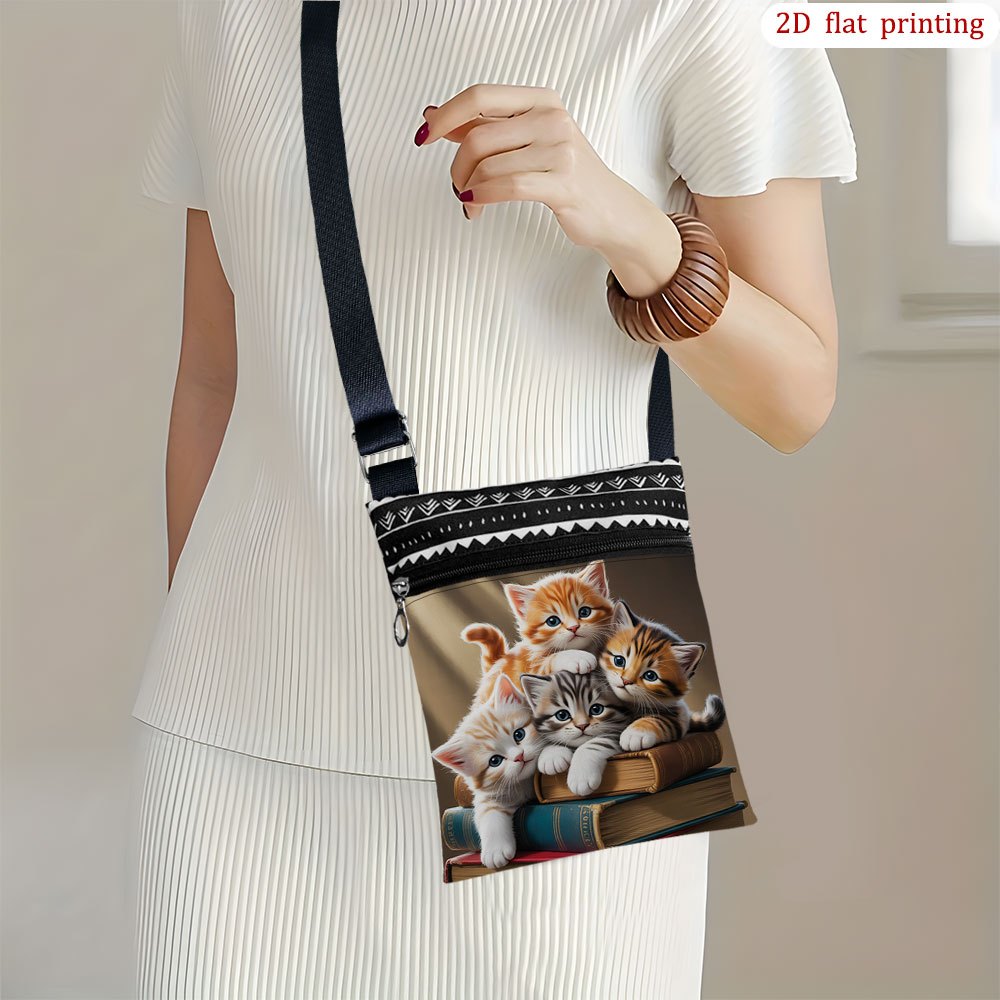 TEMU 1 szt. [Płaski nadruk 2D] Torba crossbody z kotkiem czytającym książki, idealna do codziennego użytku, modny, lekki, mały prezent na urodziny,
