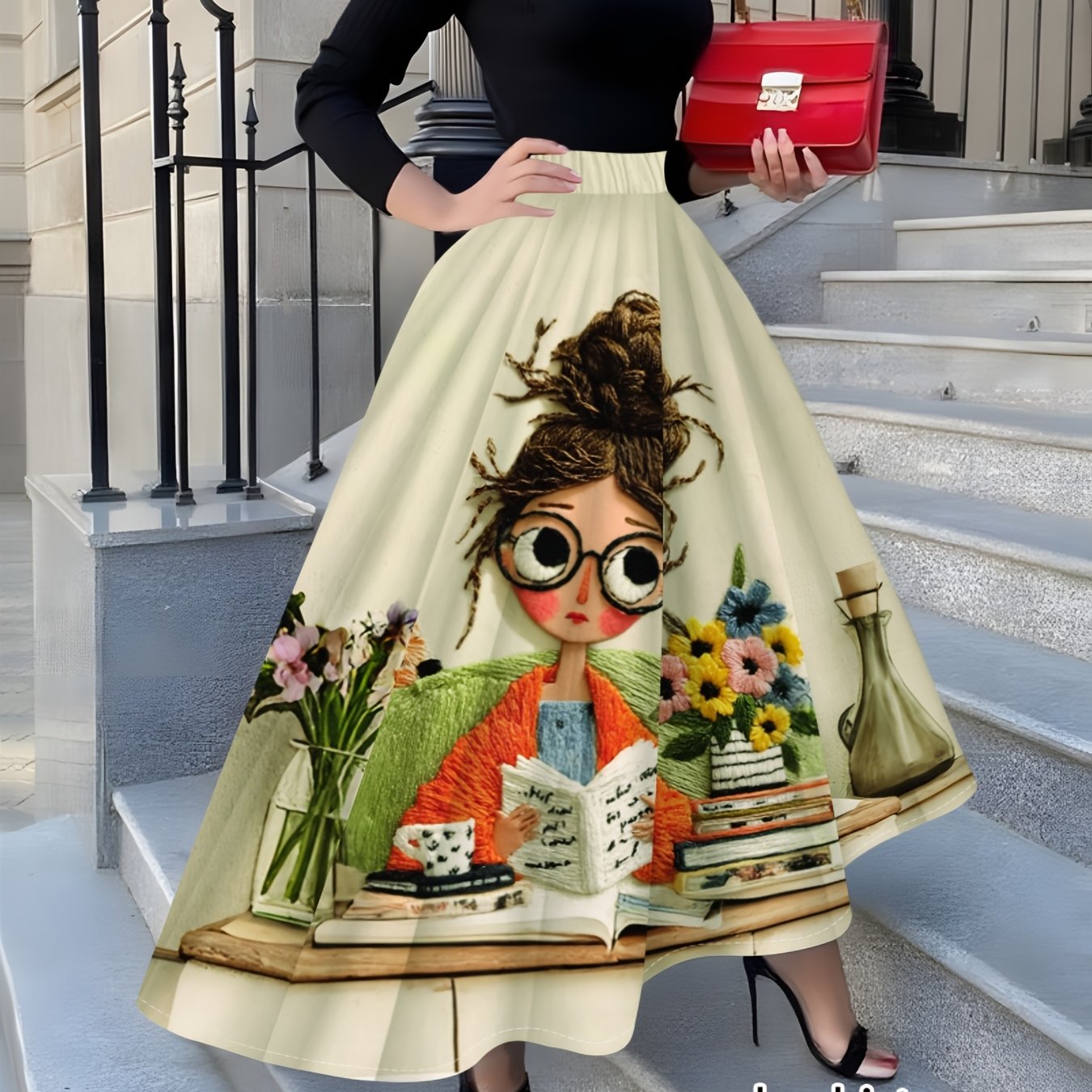 TEMU spódnica damska z eleganckim i modnym nadrukiem ilustracji książki do czytania w stylu kreskówki