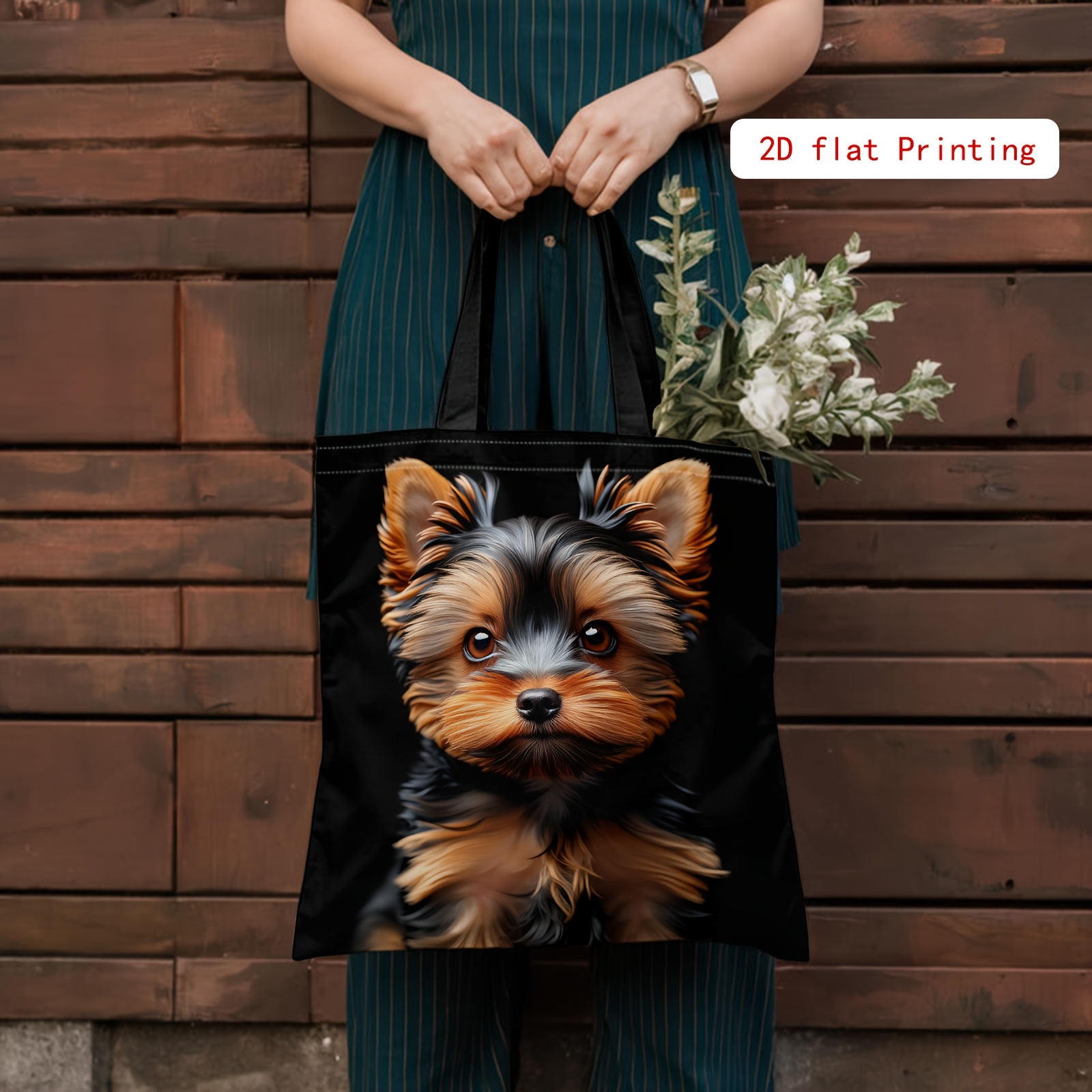 TEMU Ta stylowa torba typu tote z motywem żywego i uroczonego jorkijsa to idealny prezent na urodziny, święta lub do codziennego użytku. Może również