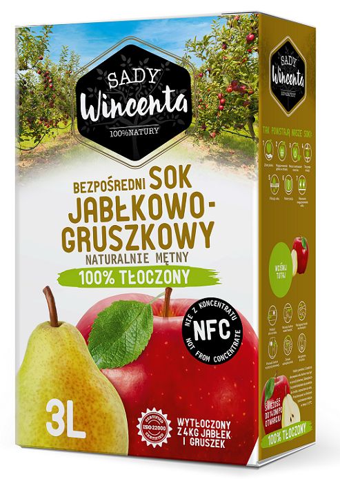 Sady Wincenta Sady Wincenta Sok 100% jabłkowo-gruszkowy naturalnie mętny tłoczony NFC 3 l