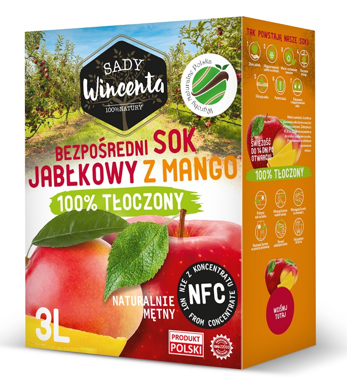 Sady Wincenta Sady Wincenta Sok 100% jabłkowy z mango naturalnie mętny tłoczony NFC 3