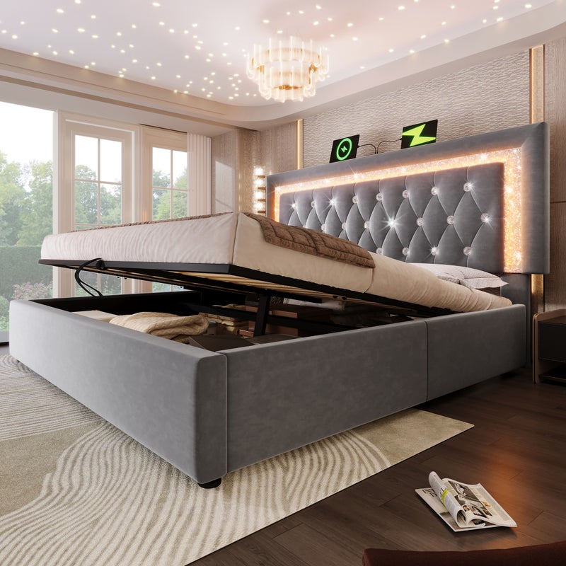 Łóżko Podwójne 180x200 cm Welurowe Szare z LED, USB-C, Pojemnikiem Hydraulicznym - Nowoczesne (bez materaca)