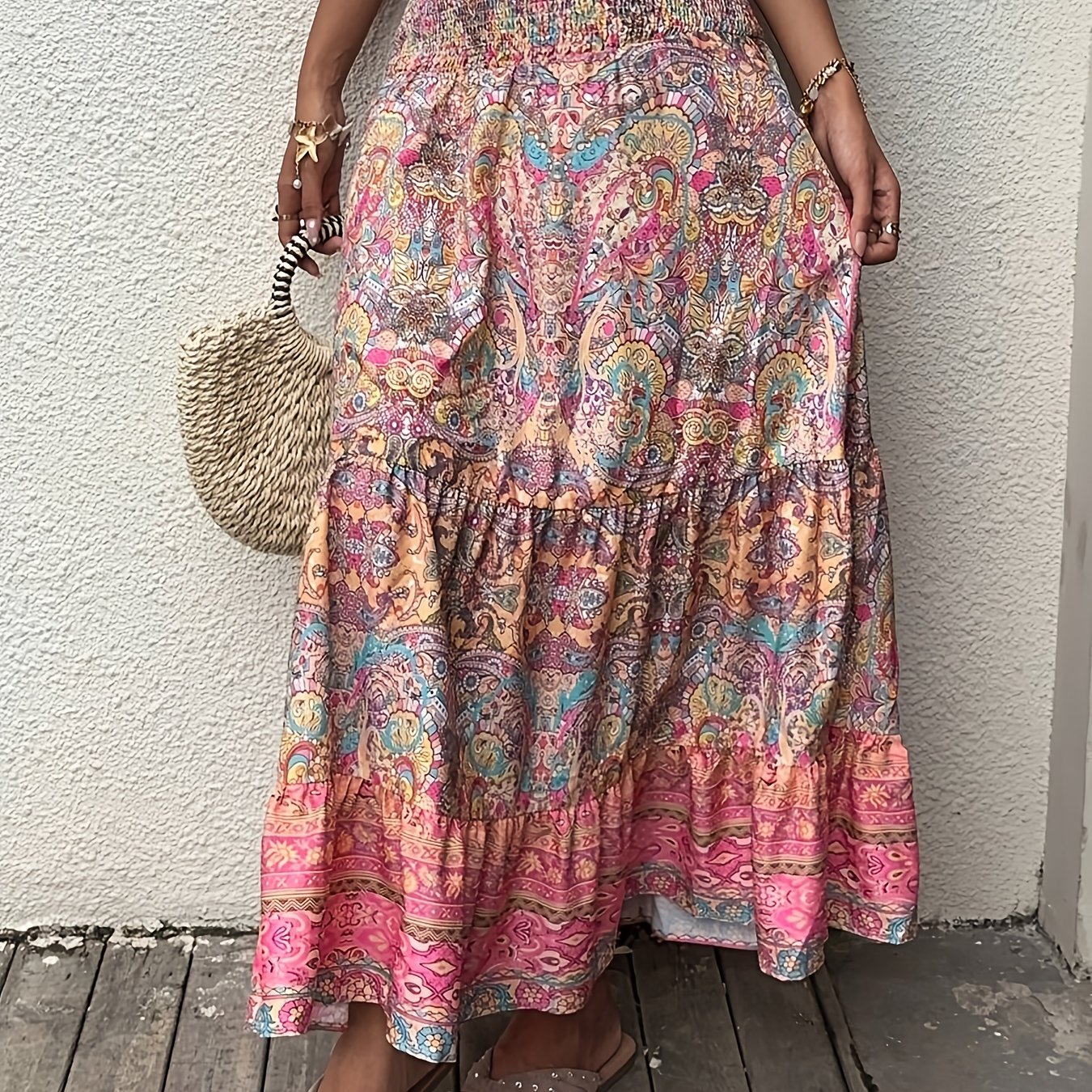 TEMU Sukienka Maxi w Paisley z Falbanką i Paskiem, Elegancka Letnia Sukienka Plażowa dla Kobiet
