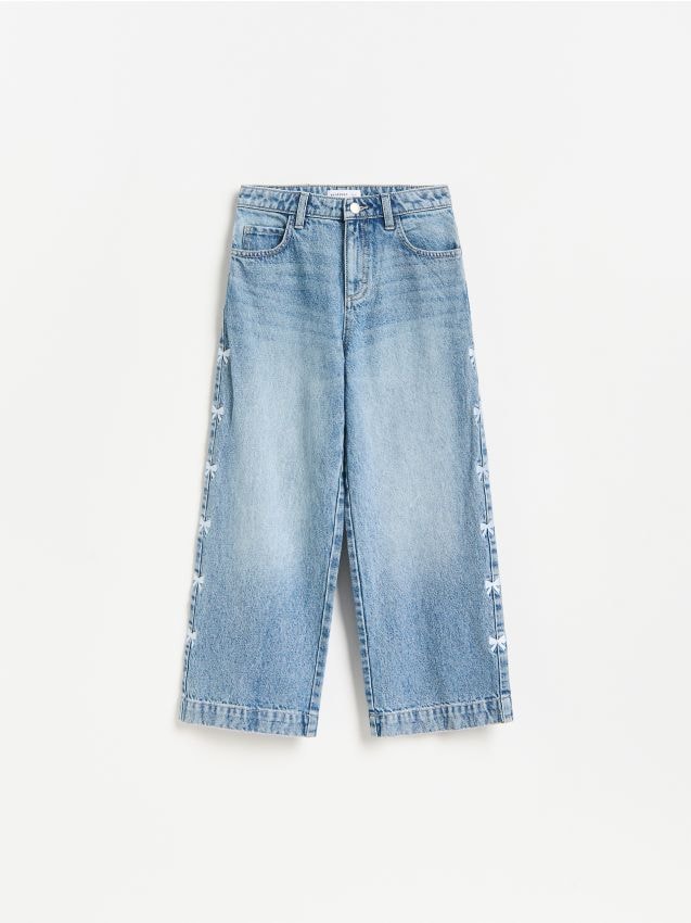 Reserved - Jeansy super wide leg z haftem - niebieski