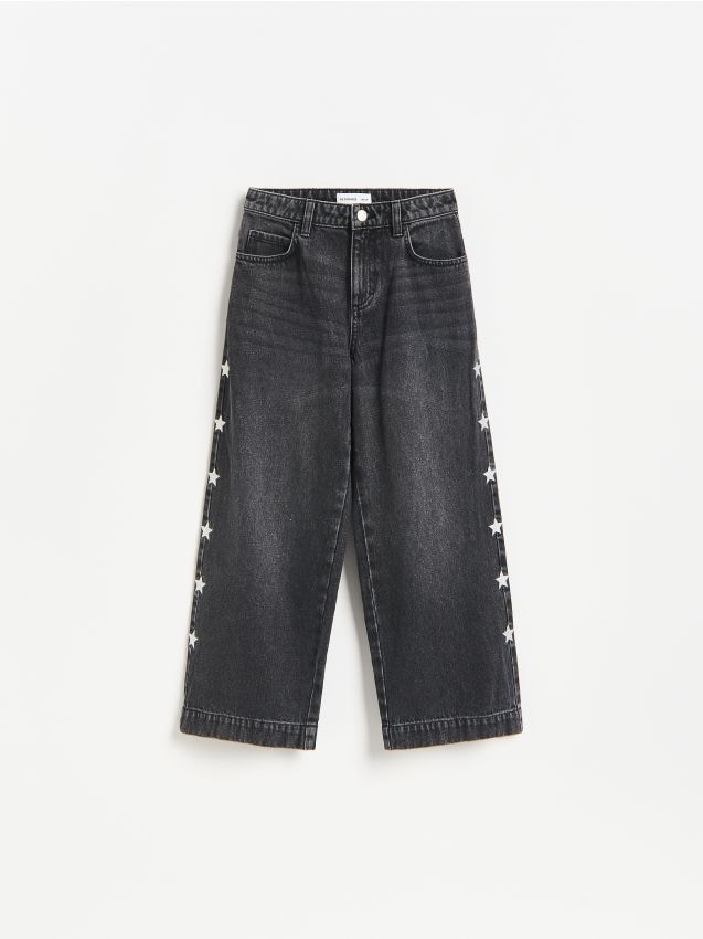 Reserved - Jeansy super wide leg z haftem - czarny