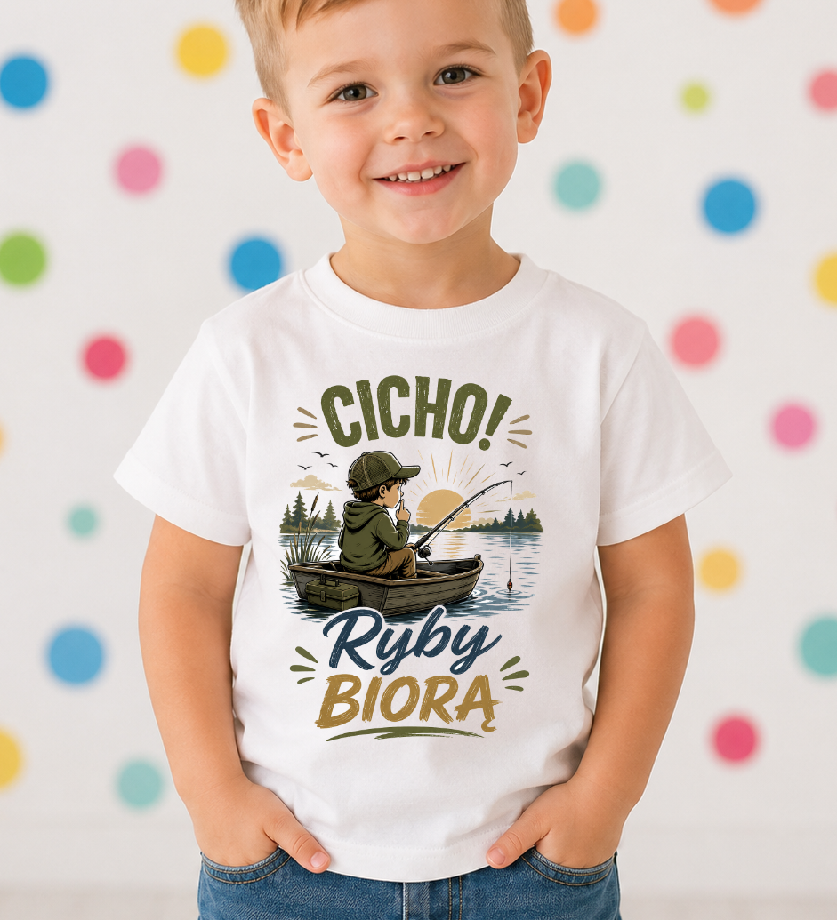 Koszulka dla chłopczyka z motywem wędkarskim CICHO RYBY BIORĄ