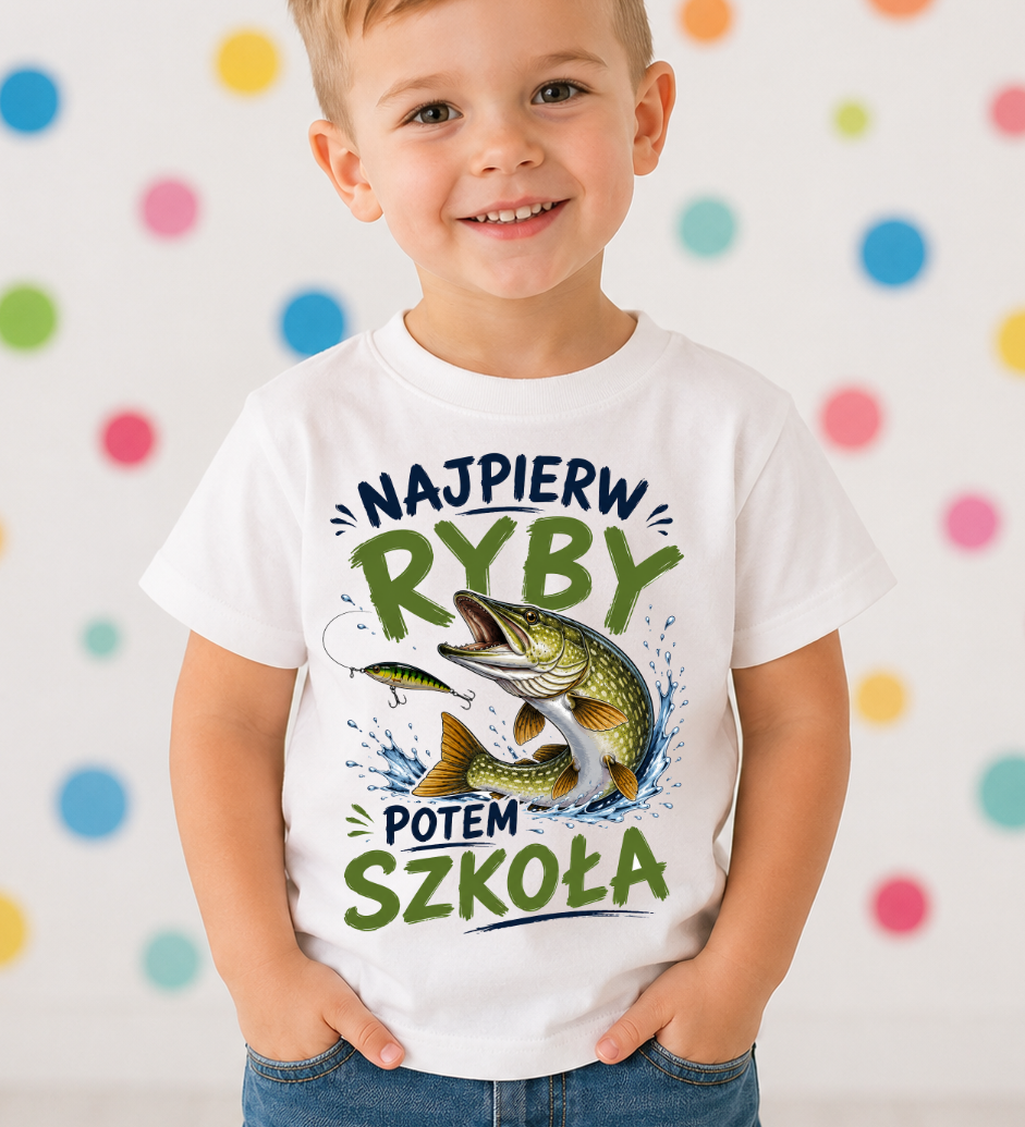 Koszulka dla chłopczyka z motywem wędkarskim NAJPIERW RYBY POTEM SZKOŁA
