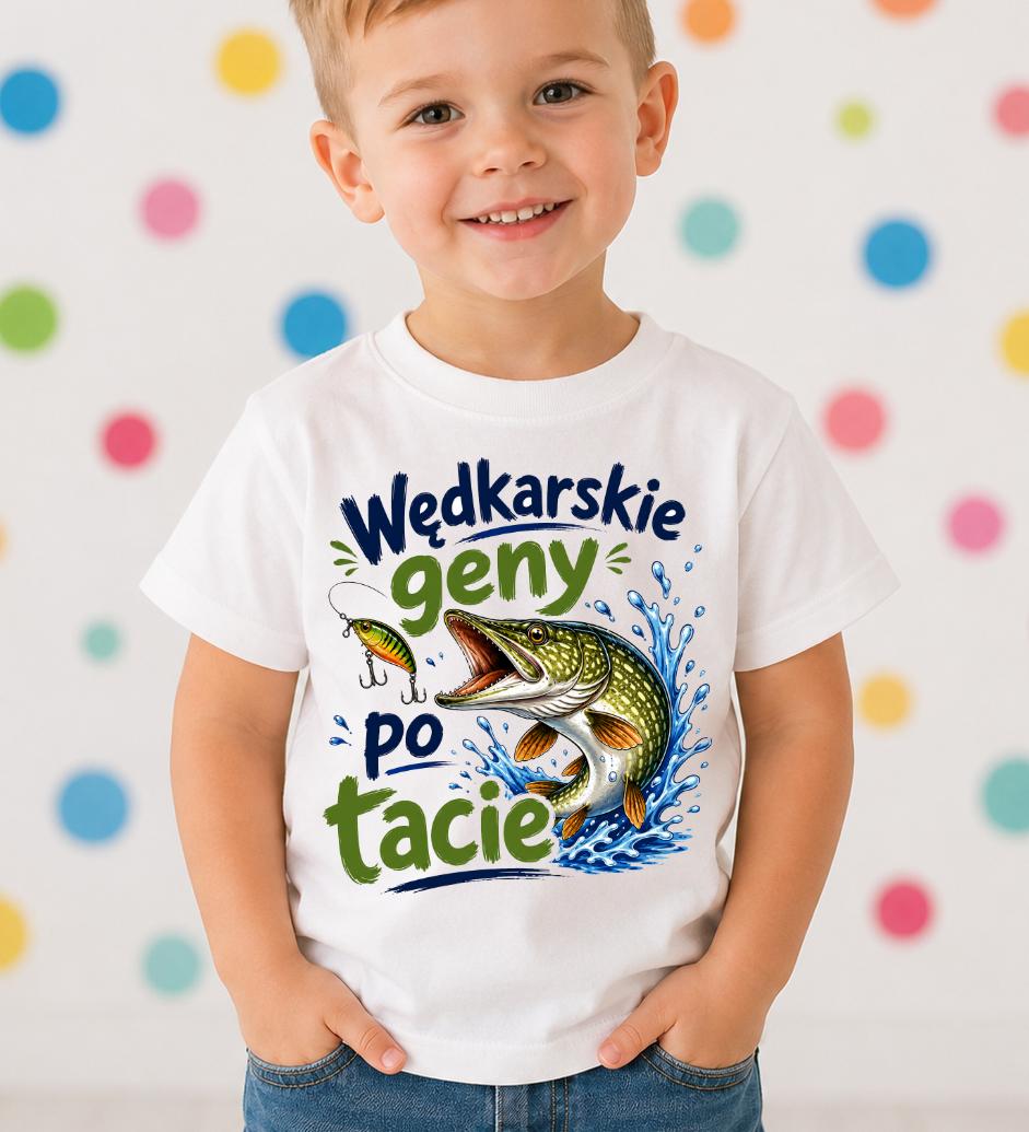Koszulka dla chłopczyka z motywem wędkarskim WĘDKARSKIE GENY PO TACIE