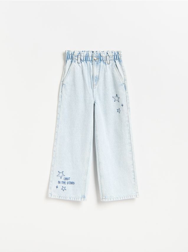 Reserved - Jeansy wide leg z haftem - niebieski