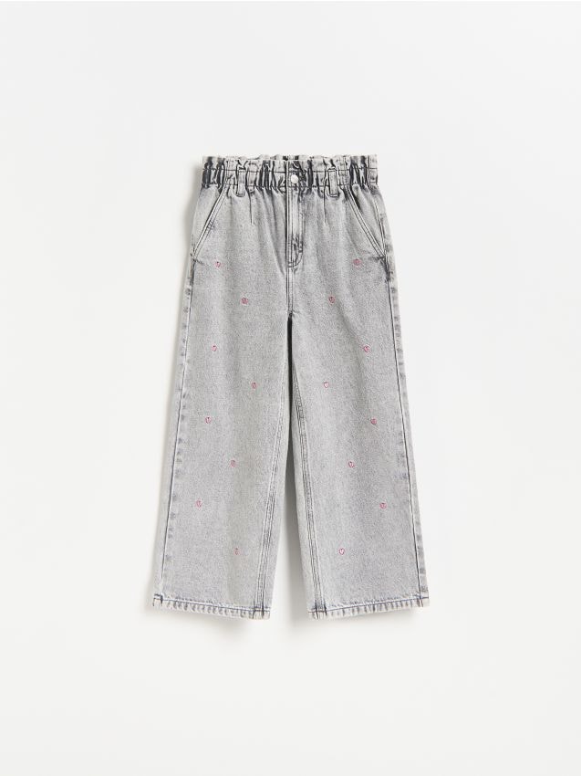 Reserved - Jeansy wide leg z haftem - jasnoszary