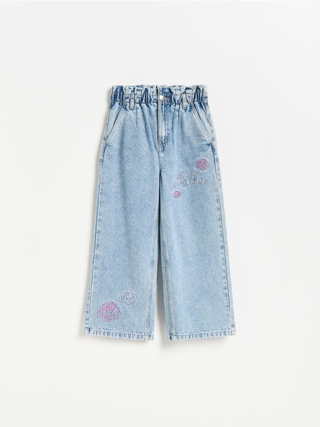 Reserved - Jeansy wide leg z haftem - niebieski