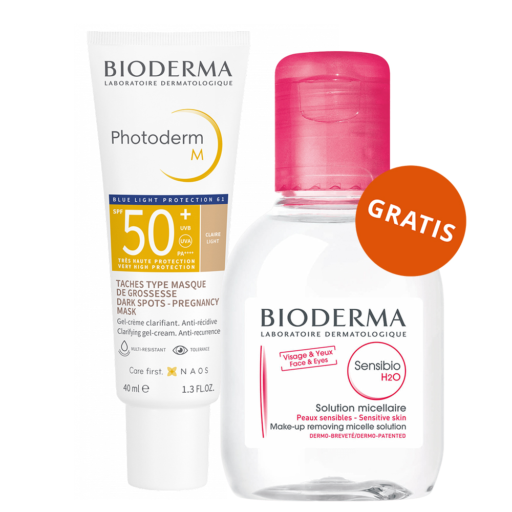 Bioderma Photoderm M, ochronny krem do skóry z tendencją do przebarwień, jasny, SPF 50+, 40 ml + woda micelarna, skóra wrażliwa, 100 ml gratis